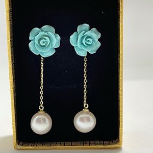 Authentic Freshwater pearl earrings thread blue rose and stud